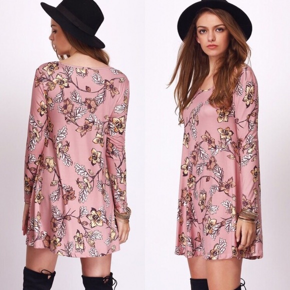 🌸 Rosy Pink Floral A Line Long Sleeve Swing Dress - Picture 2 of 5